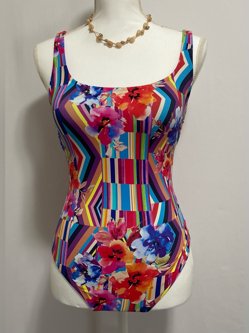 Johnny Was Multicolor Floral & Stripe One-Piece Swimsuit